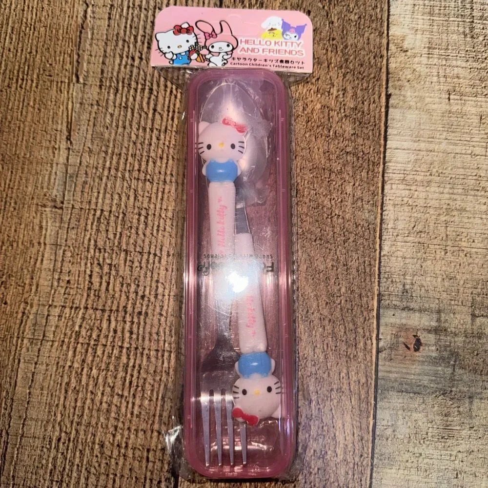 Sanrio Molded Hello Kitty Handle Fork & Spoon Set With Storage Case-NIP